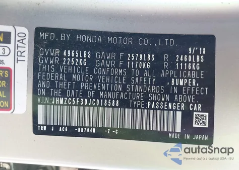 2018 Honda Clarity Plug-In Hybrid Touring z USA, uszkodzony, nr VIN JHMZC5F30JC018588